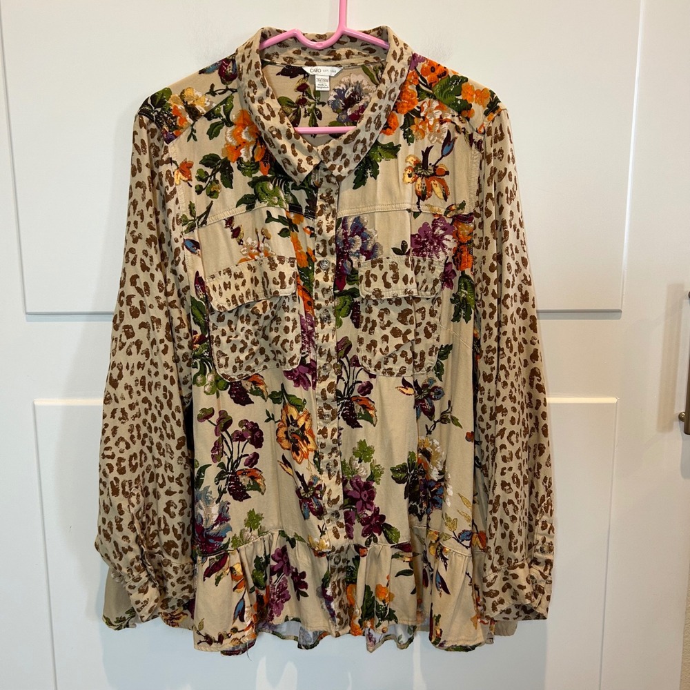 Cato Womens 26/28W Floral Leopard Mixed Print Peplum Button Down Shirt Tan Brown